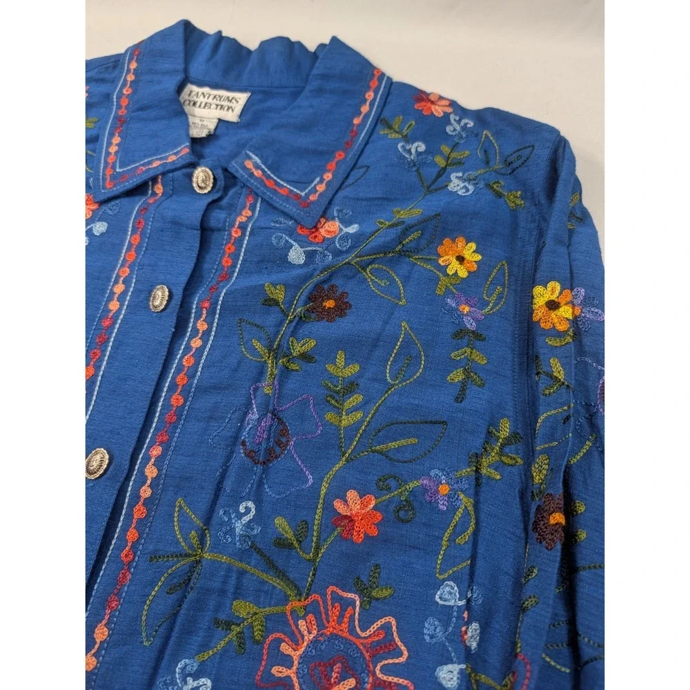 Vtg Tantrums Collection Metal Button‎ Front Shirt Silk Blend Floral Embroidery M